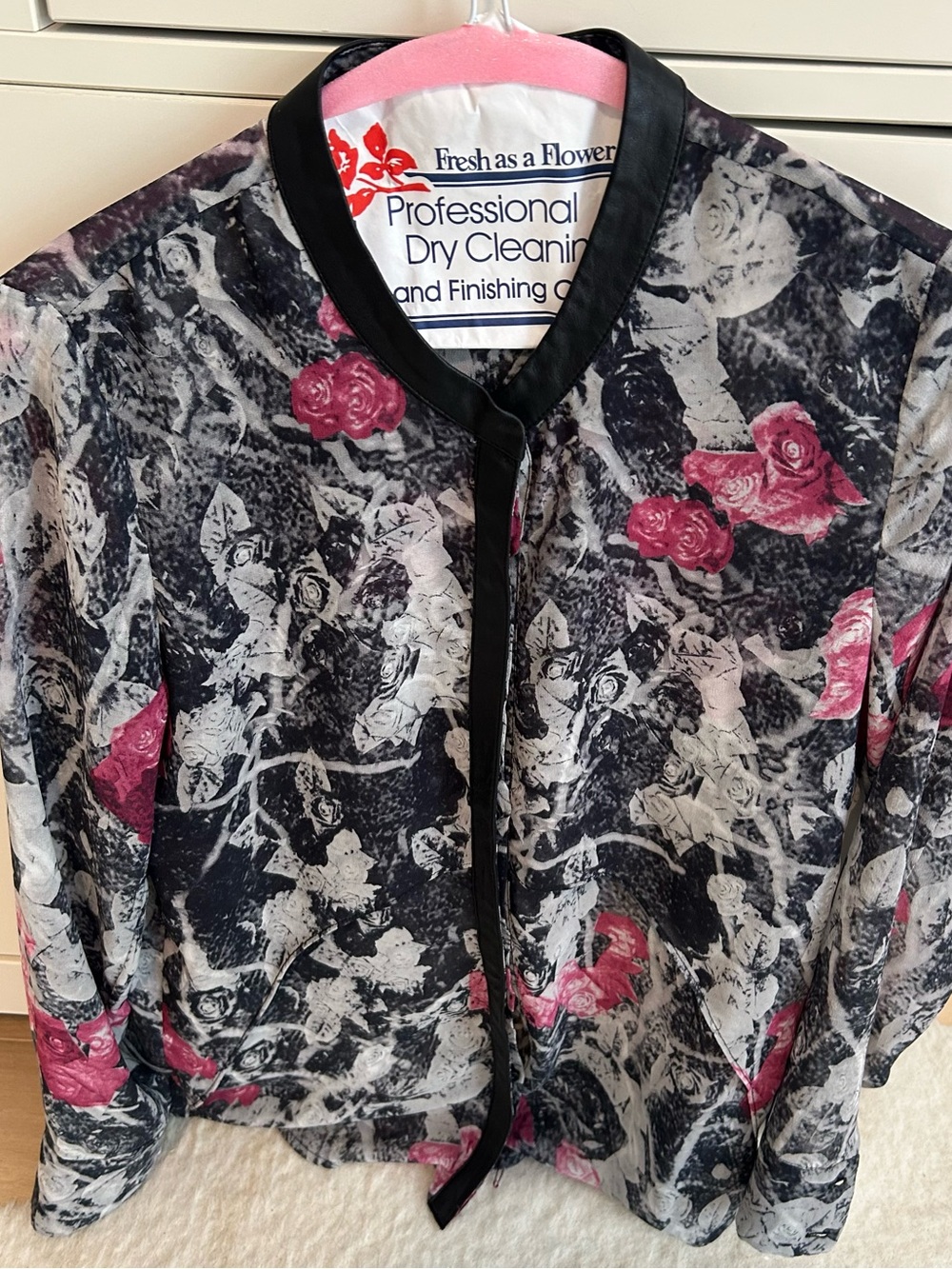 Black Floral Sheer Blouse with Pink Rose Accents S